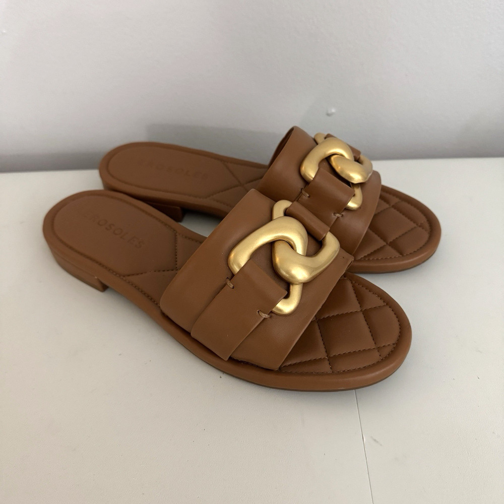 Aerosoles Big Charm Slide Sandals Sz 8 Brown w/ Gold Hardware Minimalist Luxury